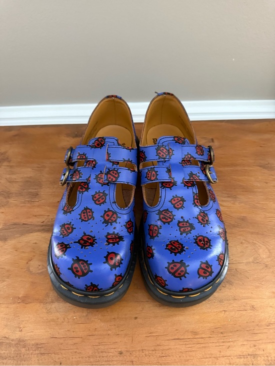 Dr. Martens Shoes - Dr. Martens Women’s Blue Leather Mary Jane Flats Ladybug Print Buckle Straps
